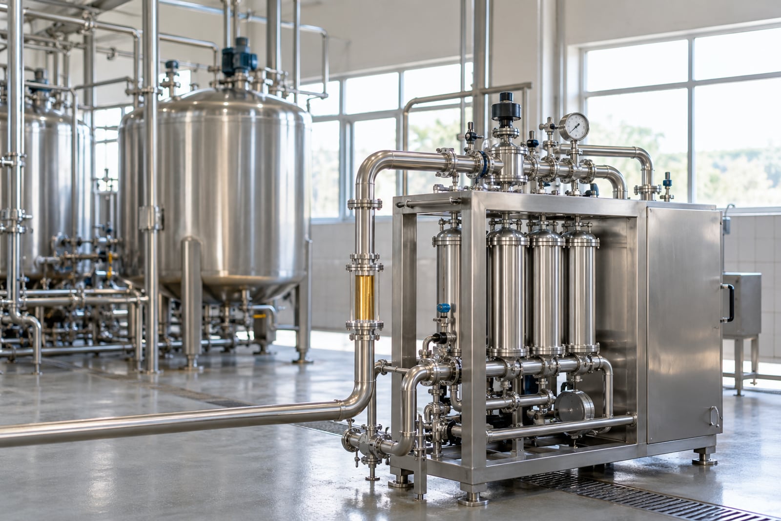 Stainless steel process vessels and a filtration skid in a bulk drug plant