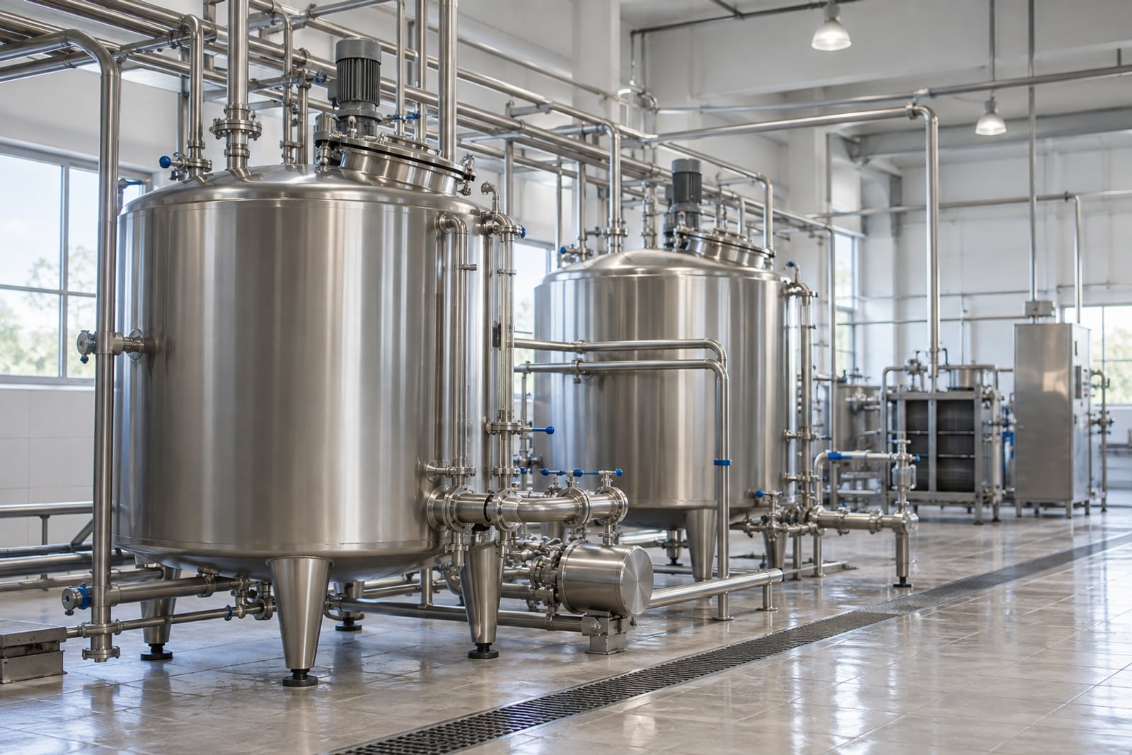 Stainless steel process tanks and pipework in a dairy plant