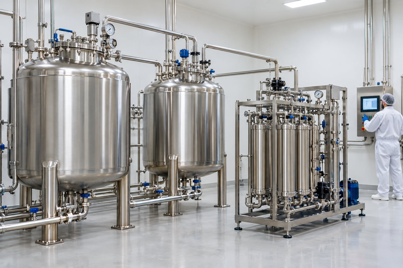 Operator at a control panel beside stainless process vessels in a pharmaceutical facility