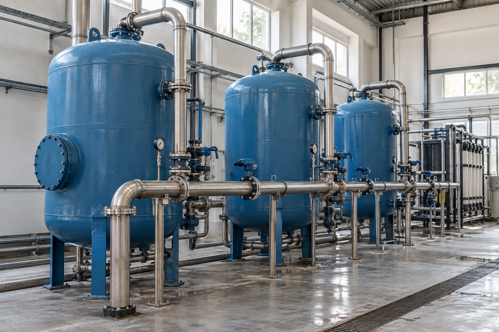Blue pressure filter vessels and stainless pipework in a water treatment plant