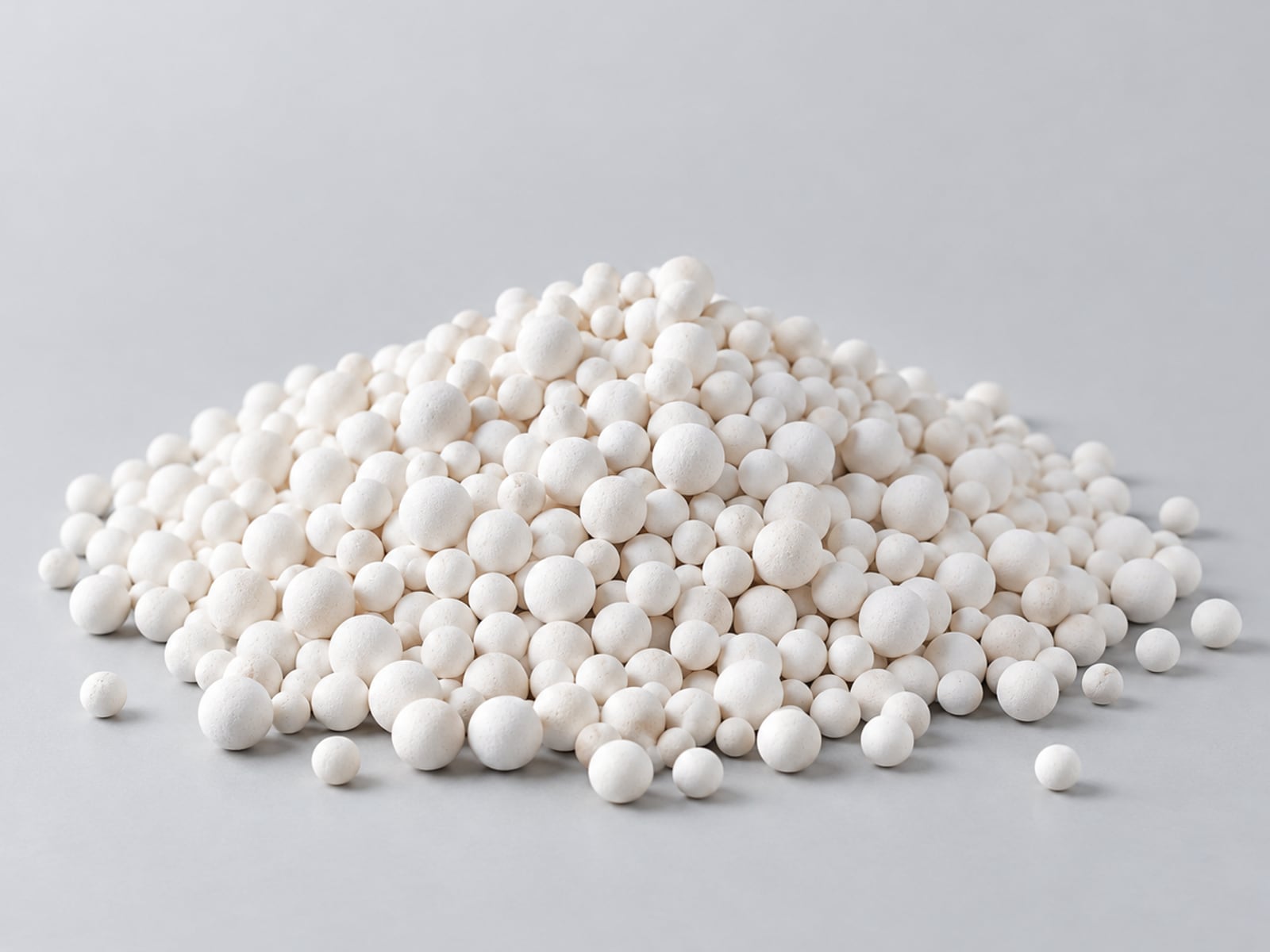 Heap of white activated alumina balls